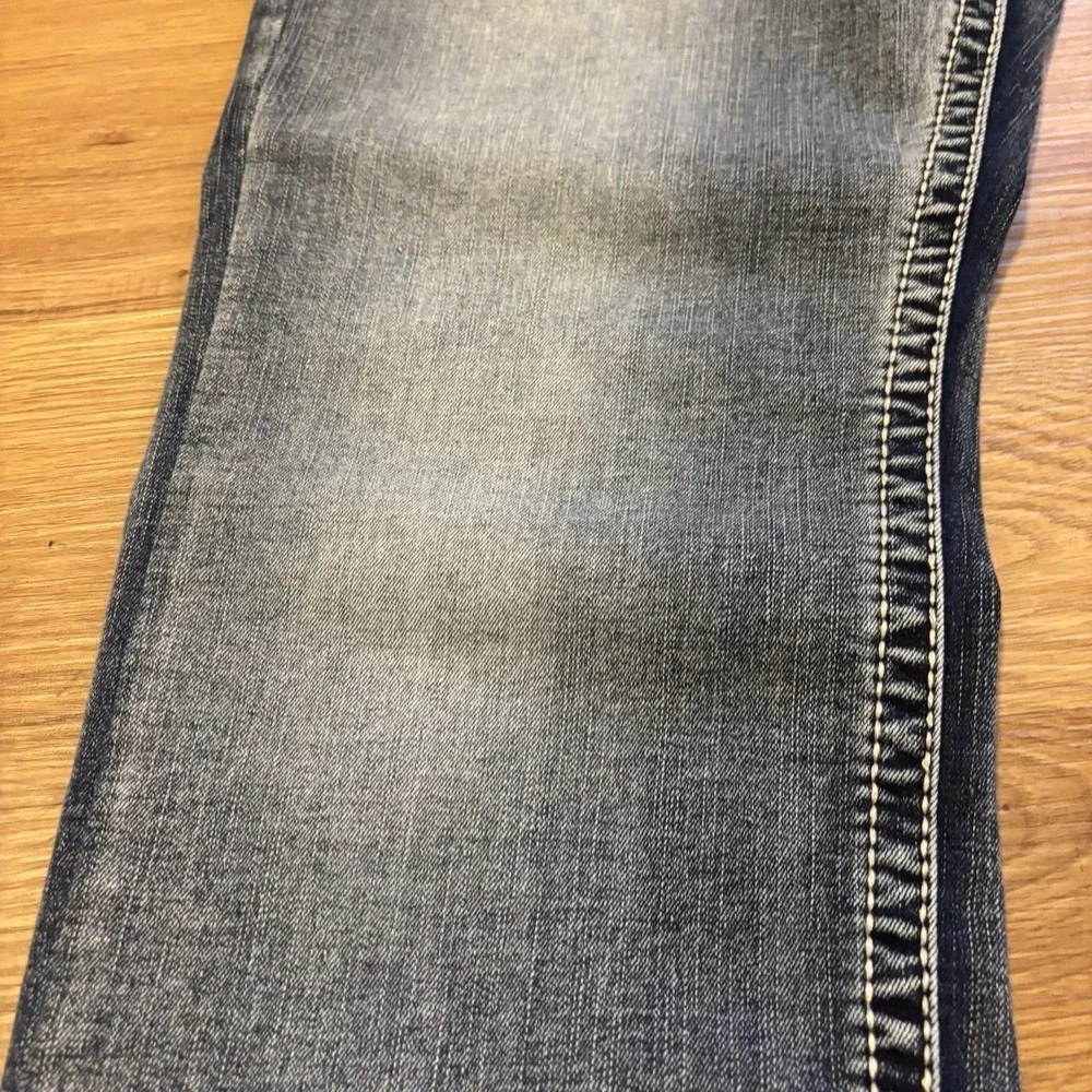 True Luck Jeans Mens 34x30 Dark Distressed Wash Straight Leg Red Stitching Faded